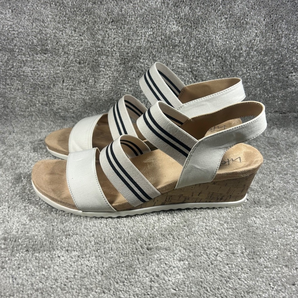 LifeStride Velocity 2.0 Wedge Sandals White‎ Navy Striped Elastic Womens 10M